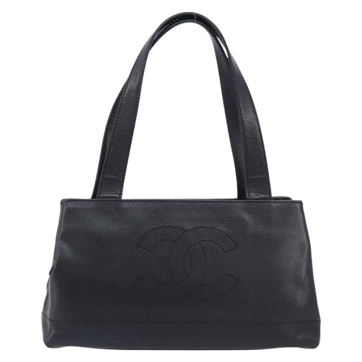 CHANEL COCO Mark Tote Bag Caviar Skin Black Gold Tone CC Auth ka6665