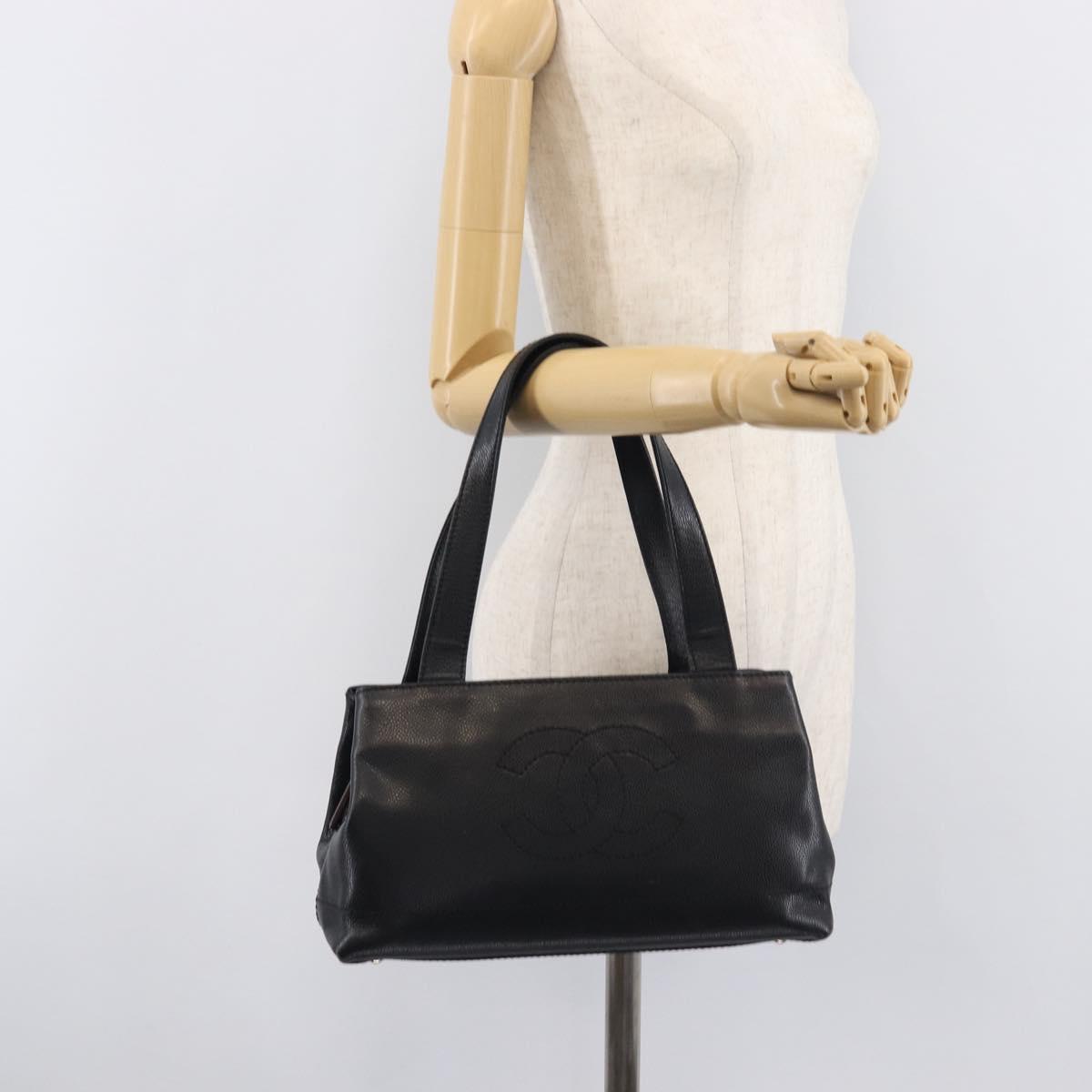 CHANEL COCO Mark Tote Bag Caviar Skin Black Gold Tone CC Auth ka6665