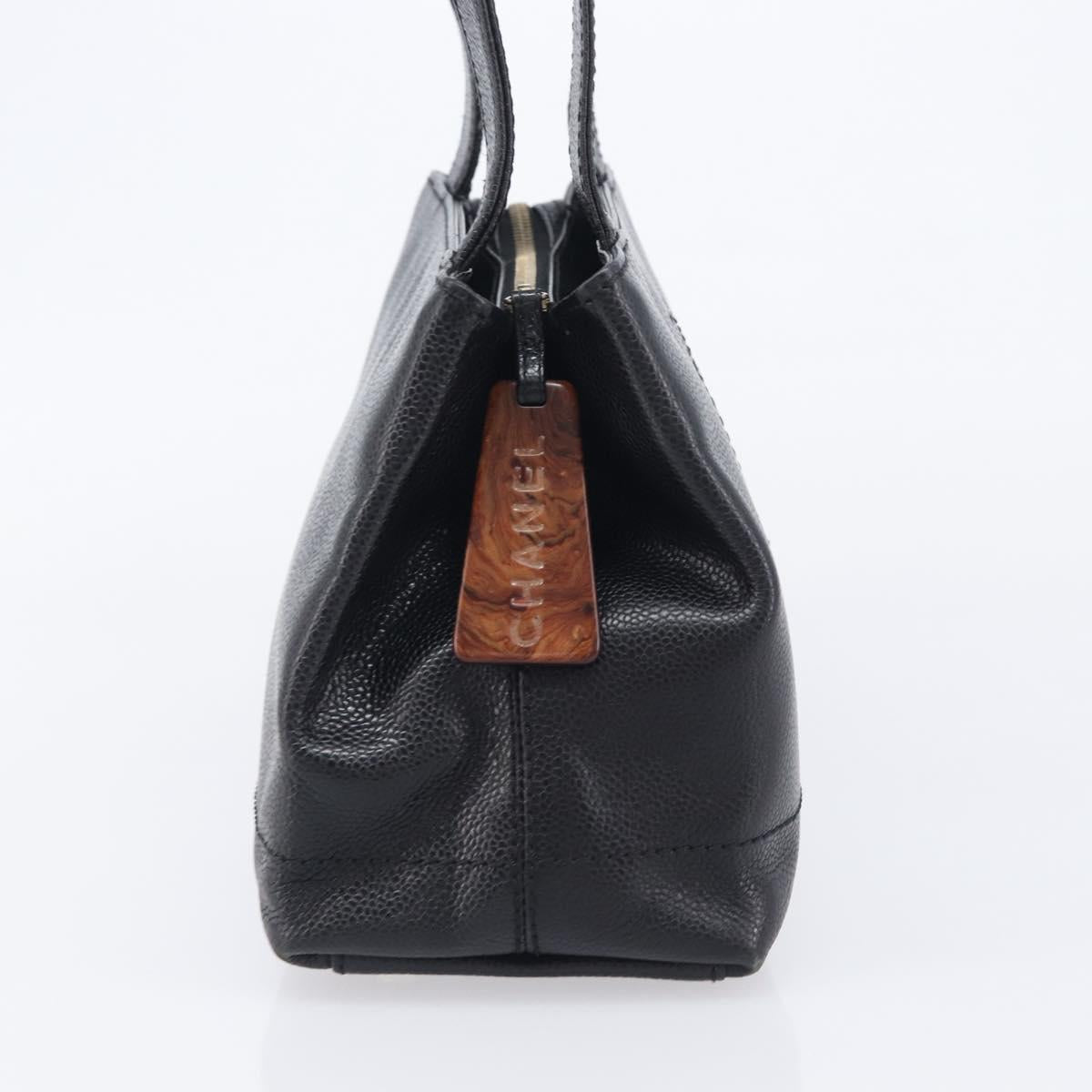 CHANEL COCO Mark Tote Bag Caviar Skin Black Gold Tone CC Auth ka6665