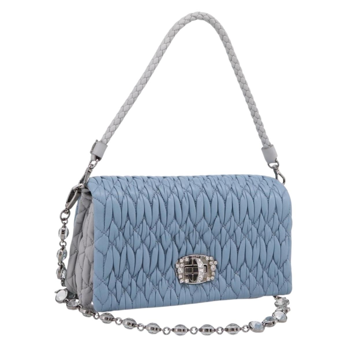 Miu Miu Matelasse Shoulder Bag Leather Light Blue Silver Auth ka6674M