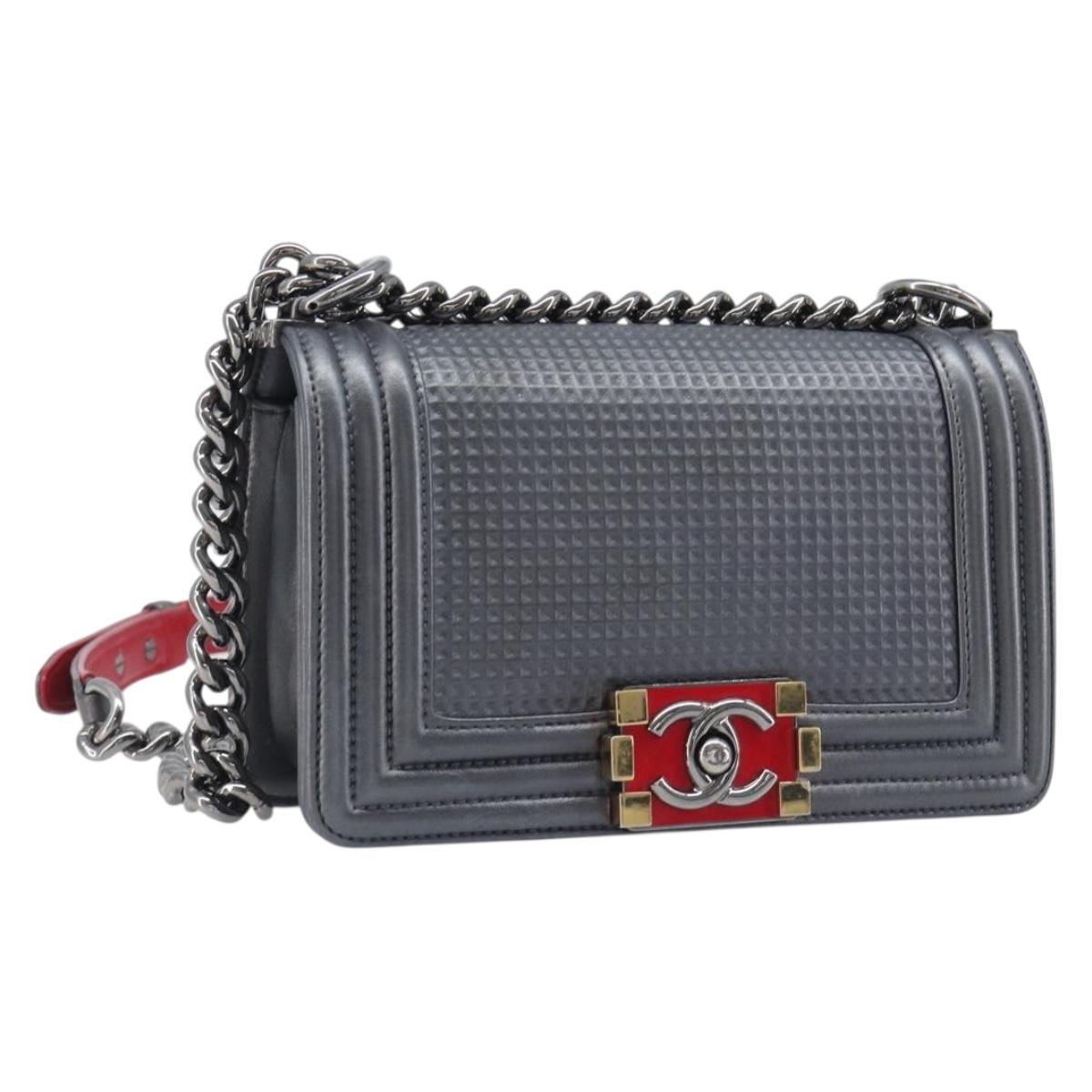 CHANEL Boy Chanel Medium Chain Shoulder Bag Lamb Skin Gray Silver Auth ka6676A