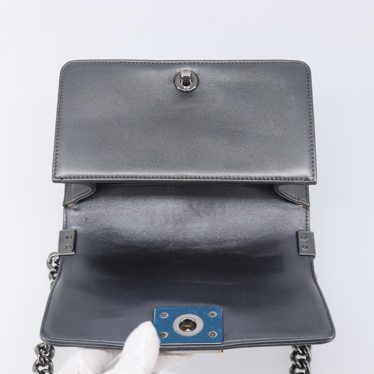 CHANEL Boy Chanel Medium Chain Shoulder Bag Lamb Skin Gray Silver Auth ka6676A