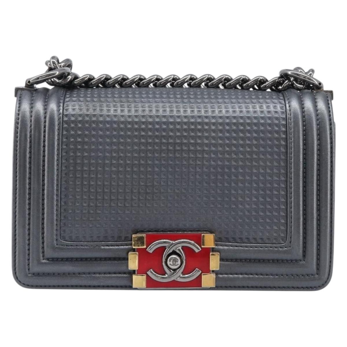 CHANEL Boy Chanel Medium Chain Shoulder Bag Lamb Skin Gray Silver Auth ka6676A