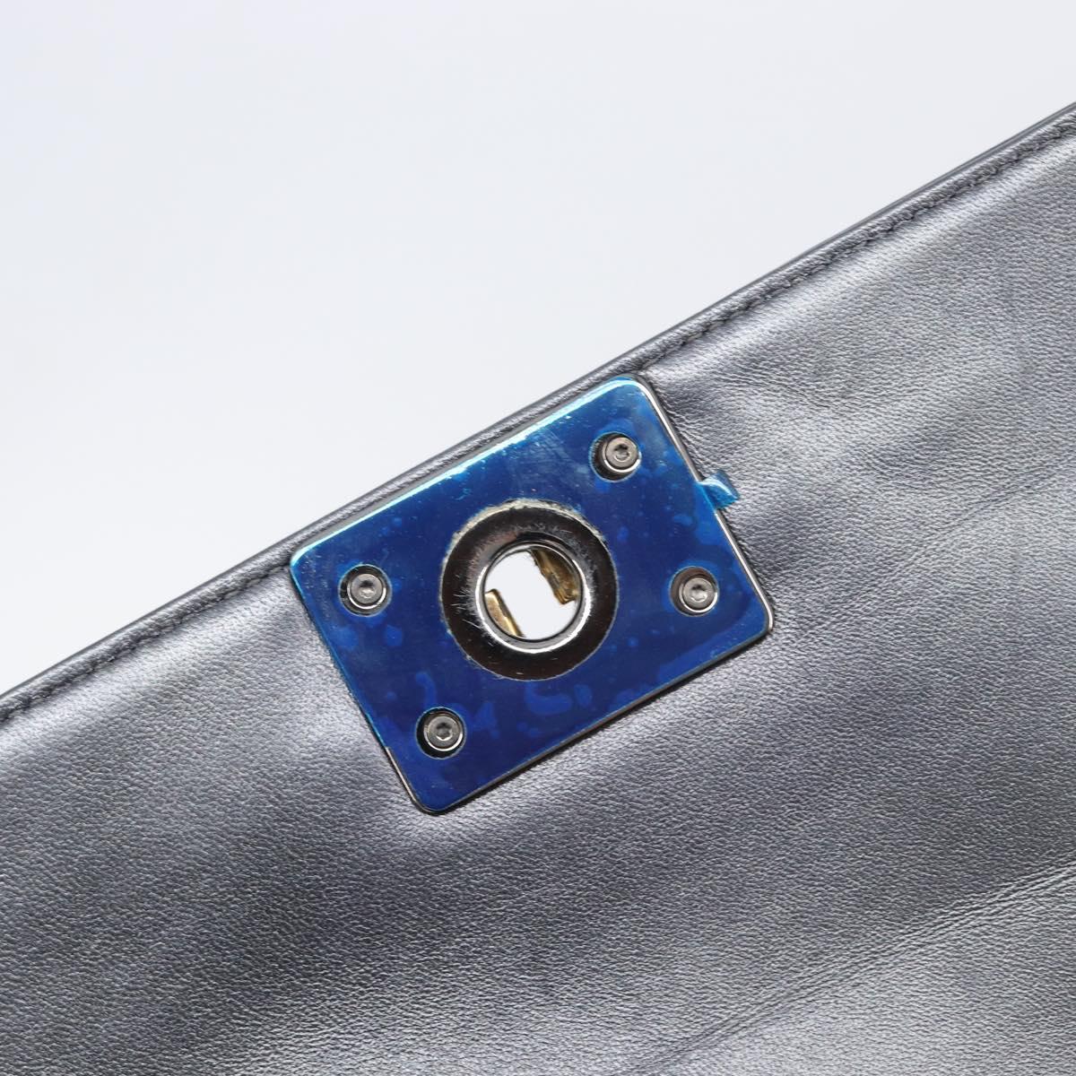 CHANEL Boy Chanel Medium Chain Shoulder Bag Lamb Skin Gray Silver Auth ka6676A
