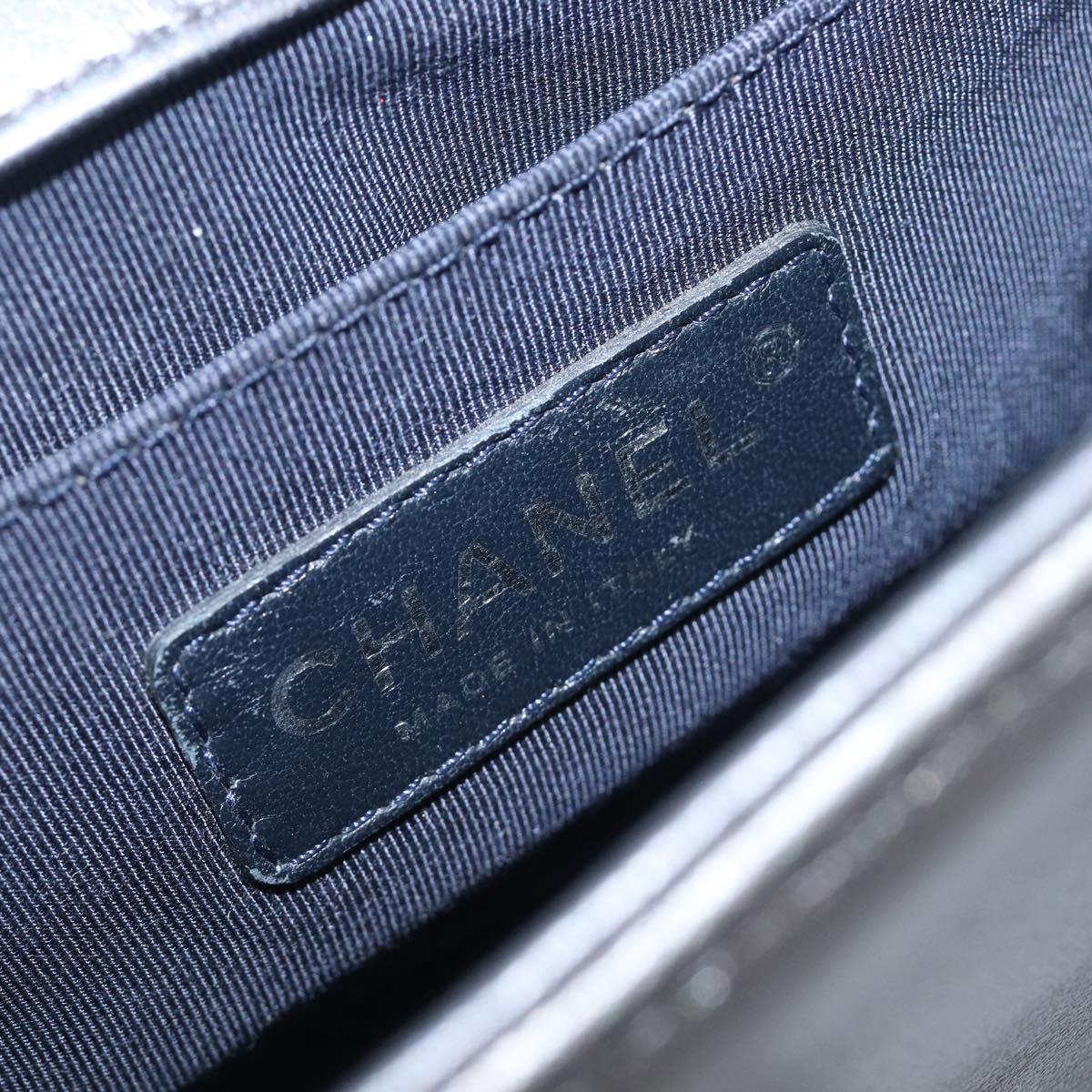 CHANEL Boy Chanel Medium Chain Shoulder Bag Lamb Skin Gray Silver Auth ka6676A