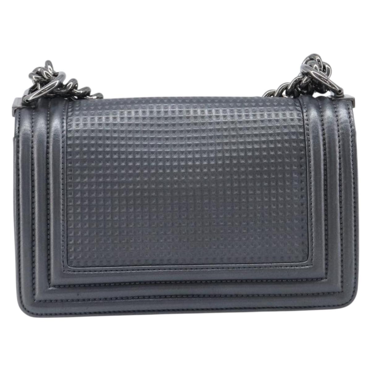 CHANEL Boy Chanel Medium Chain Shoulder Bag Lamb Skin Gray Silver Auth ka6676A