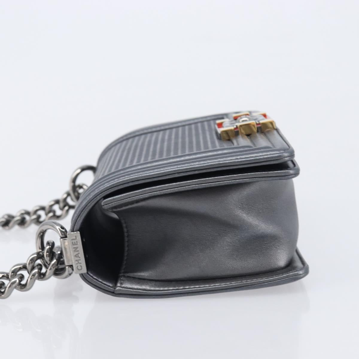 CHANEL Boy Chanel Medium Chain Shoulder Bag Lamb Skin Gray Silver Auth ka6676A