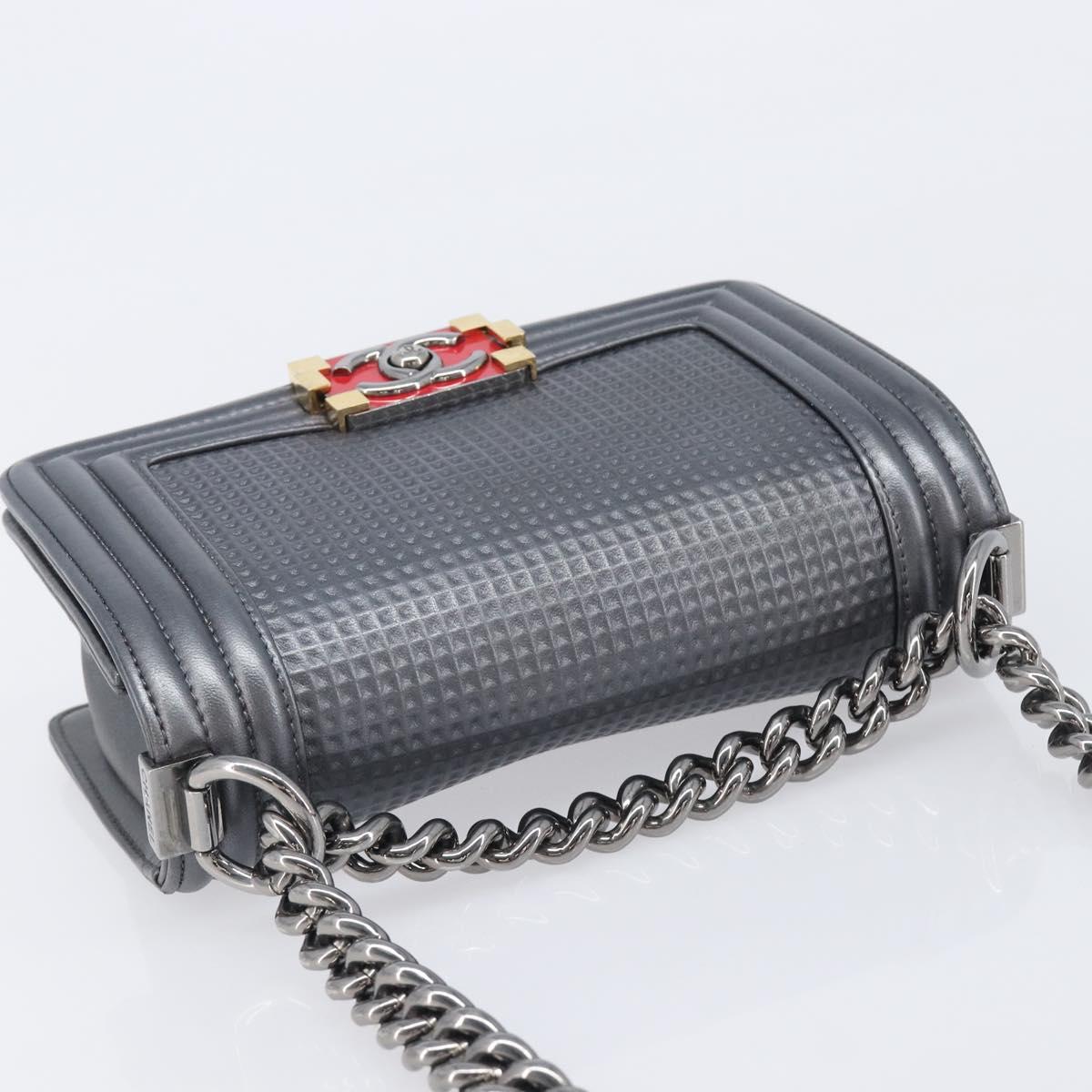 CHANEL Boy Chanel Medium Chain Shoulder Bag Lamb Skin Gray Silver Auth ka6676A