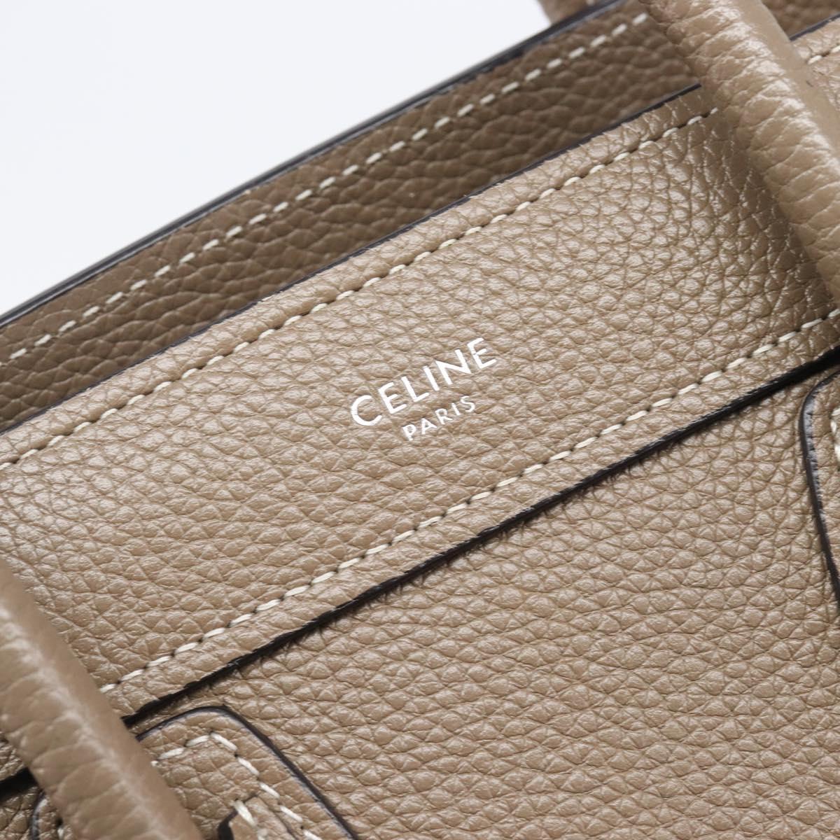 CELINE Luggage Nano Shopper Hand Bag Leather 2way Beige Silver Auth ka6678V