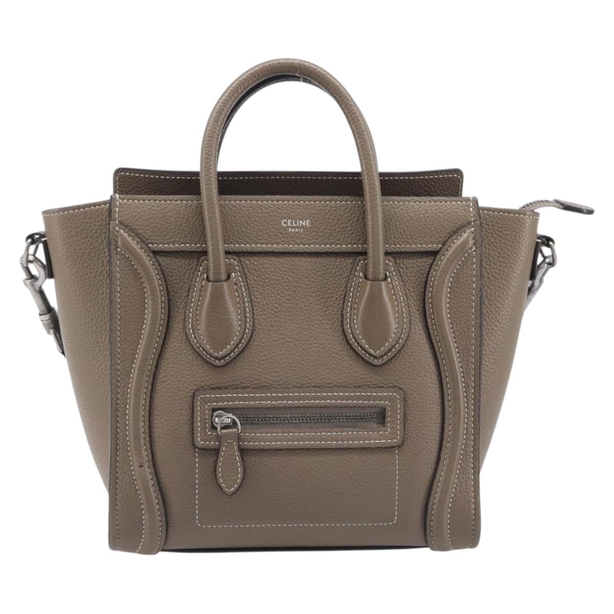 CELINE Luggage Nano Shopper Hand Bag Leather 2way Beige Silver Auth ka6678V