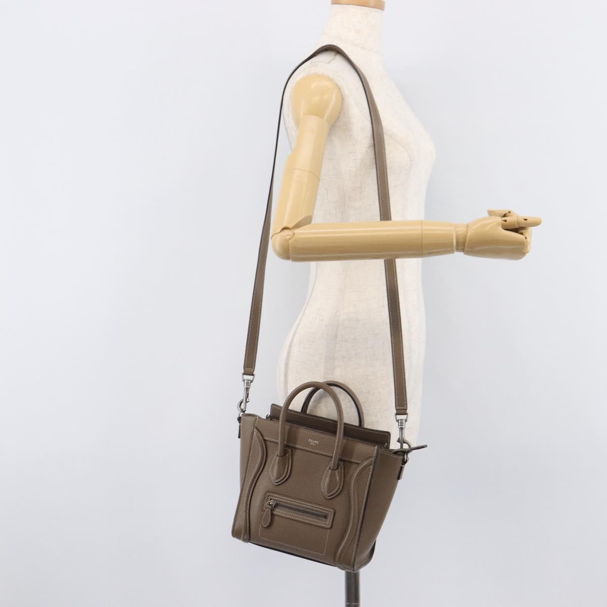 CELINE Luggage Nano Shopper Hand Bag Leather 2way Beige Silver Auth ka6678V
