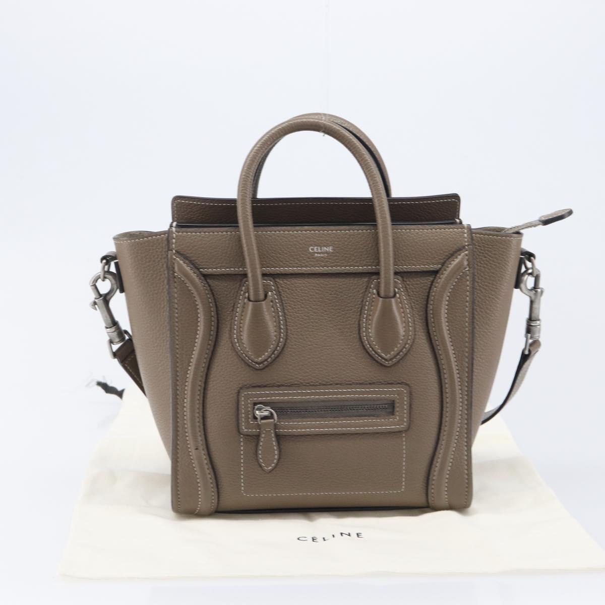 CELINE Luggage Nano Shopper Hand Bag Leather 2way Beige Silver Auth ka6678V