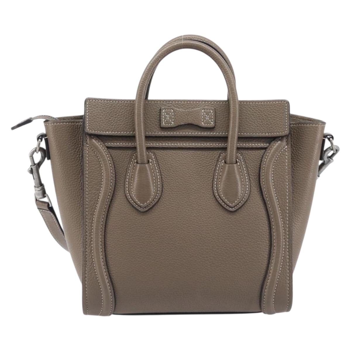 CELINE Luggage Nano Shopper Hand Bag Leather 2way Beige Silver Auth ka6678V