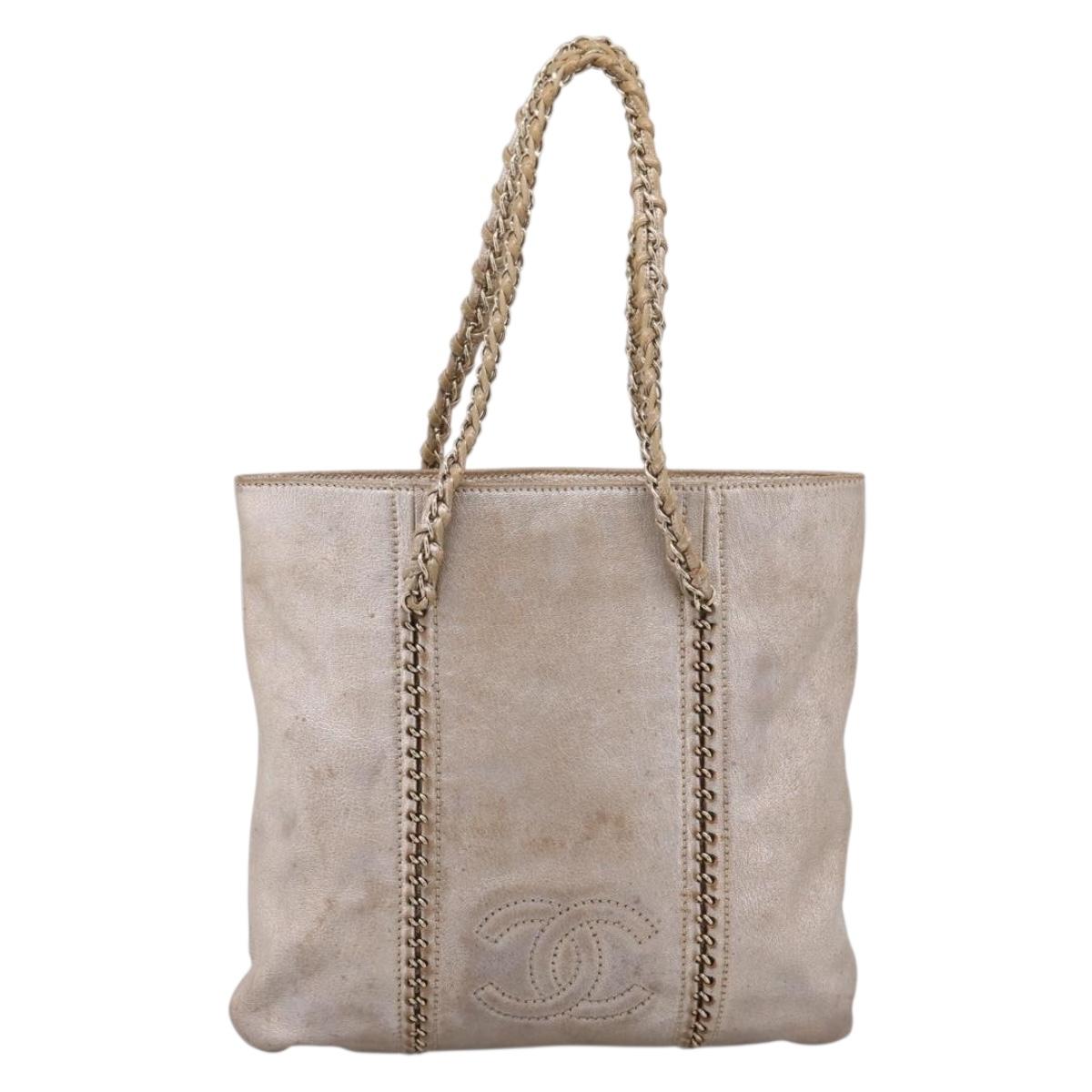 CHANEL Luxury Line Chain Tote Bag Leather Silver Gold Tone CC Auth ka6683