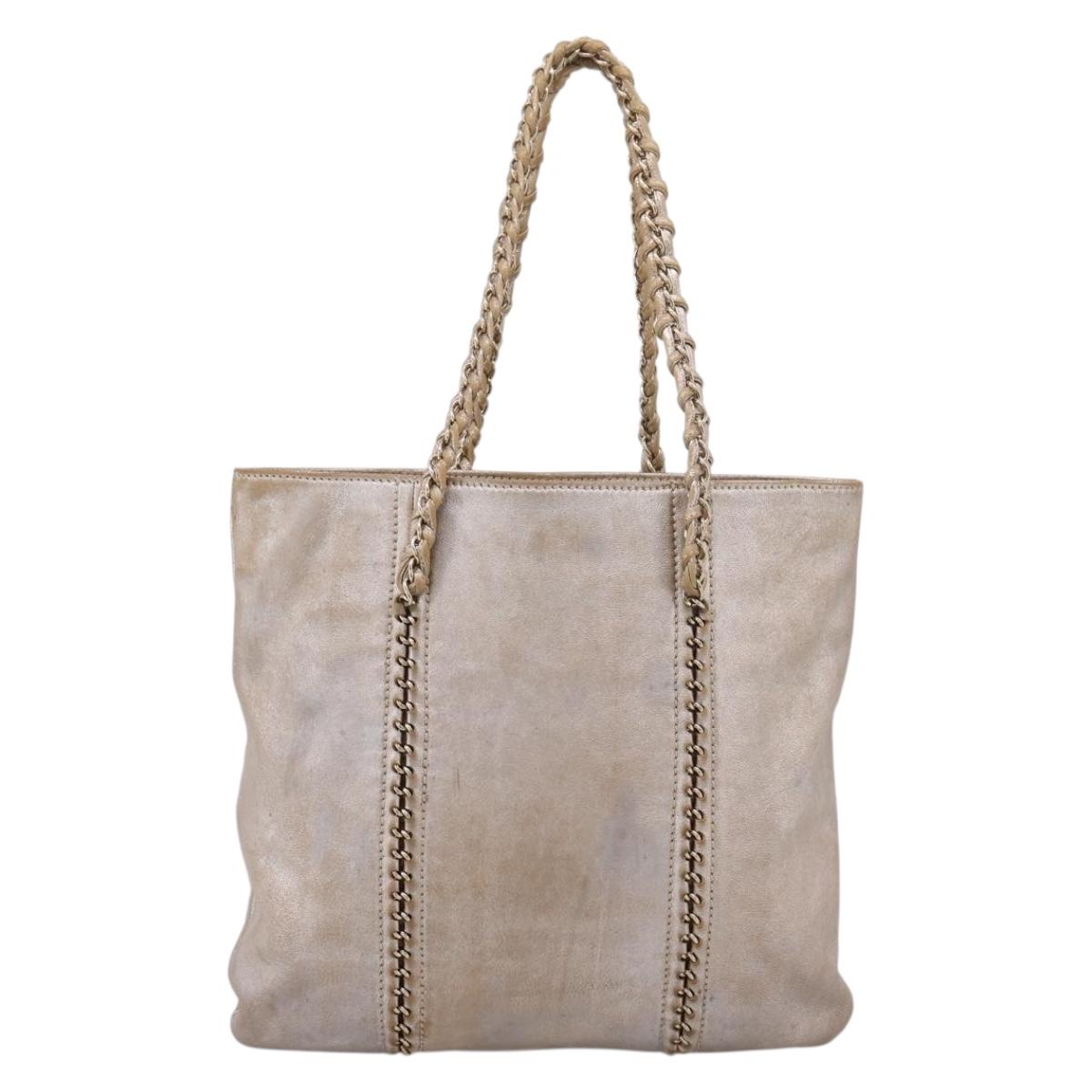 CHANEL Luxury Line Chain Tote Bag Leather Silver Gold Tone CC Auth ka6683