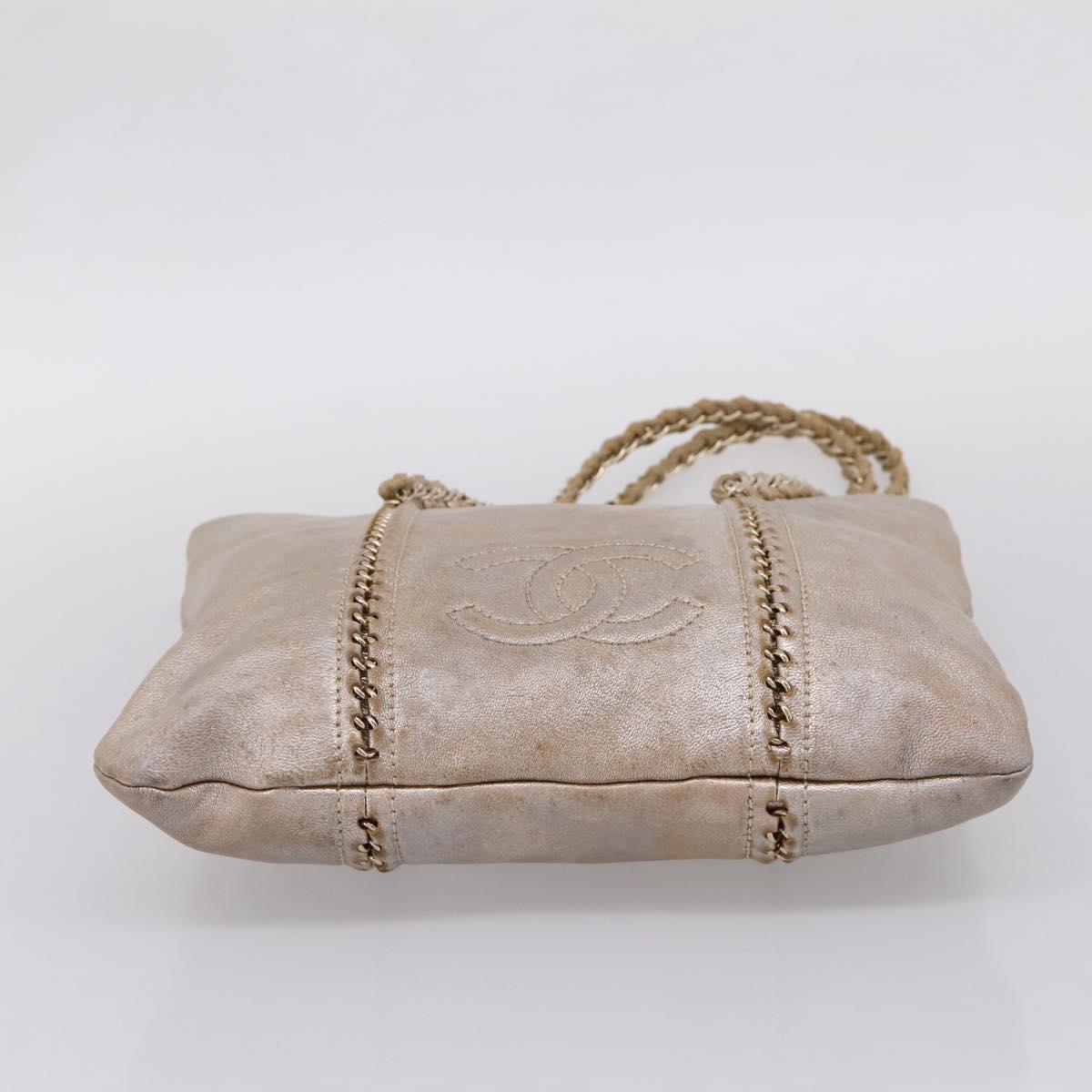 CHANEL Luxury Line Chain Tote Bag Leather Silver Gold Tone CC Auth ka6683