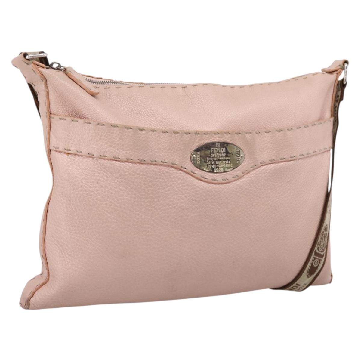FENDI Celeria Shoulder Bag Leather Beige Silver 8BT093 Auth ka6684