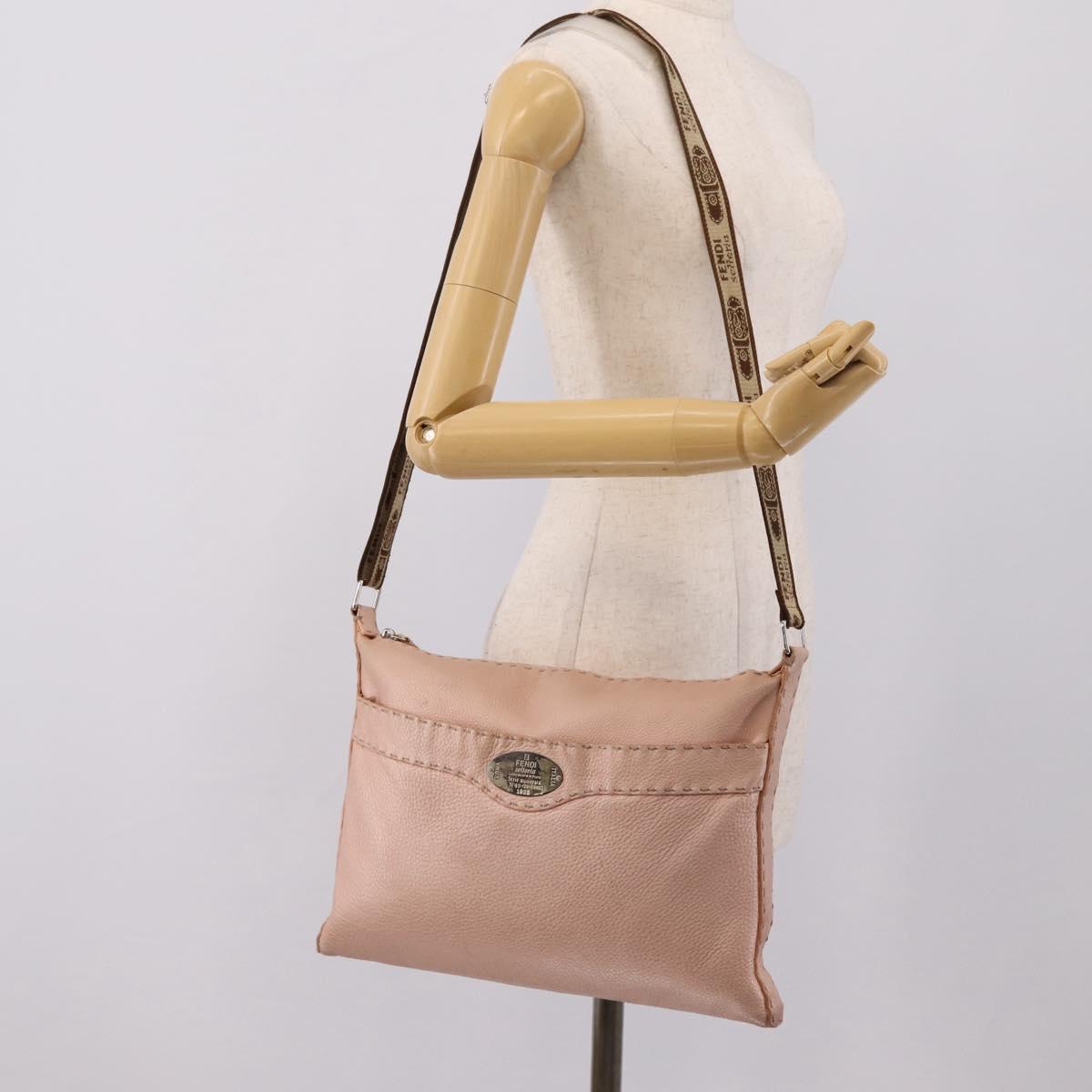 FENDI Celeria Shoulder Bag Leather Beige Silver 8BT093 Auth ka6684