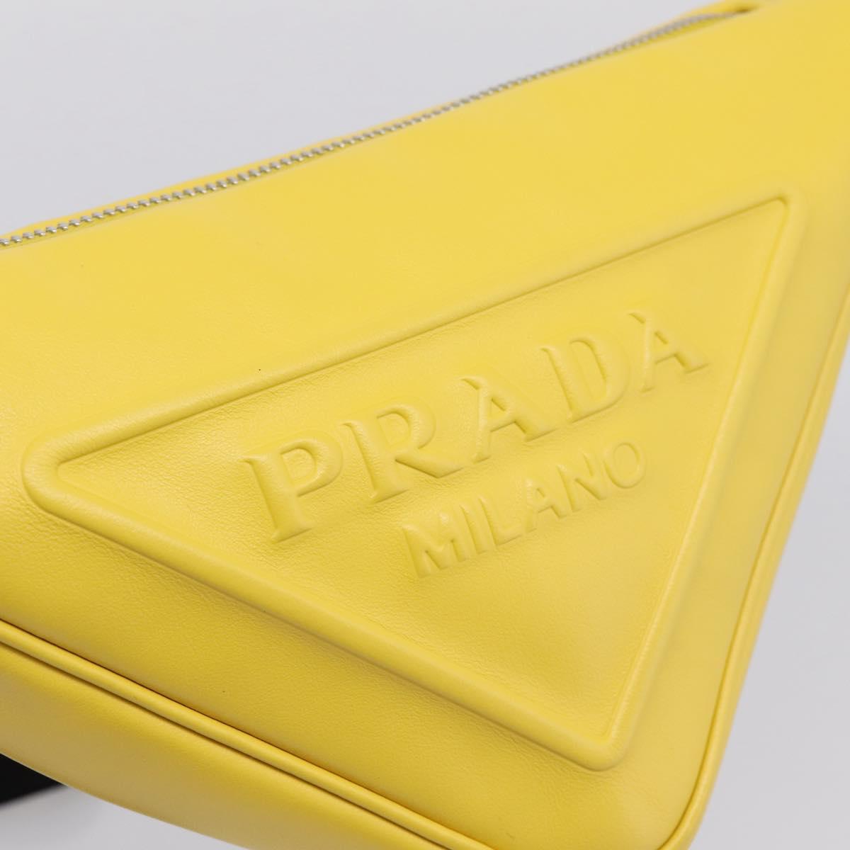PRADA Triangle Shoulder Bag Leather Yellow Silver Auth ka6699M