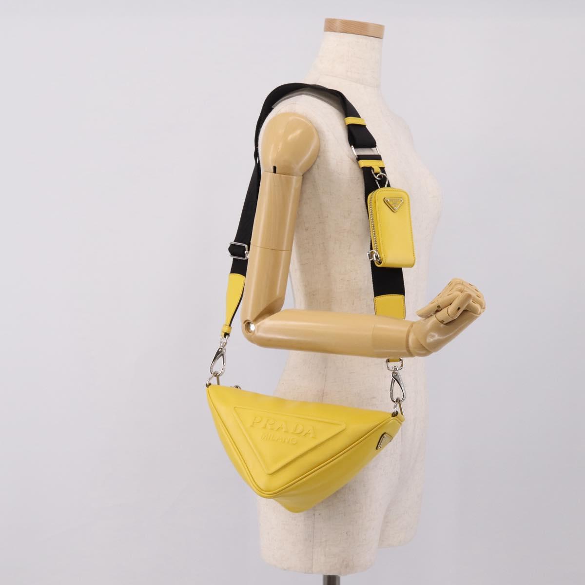 PRADA Triangle Shoulder Bag Leather Yellow Silver Auth ka6699M