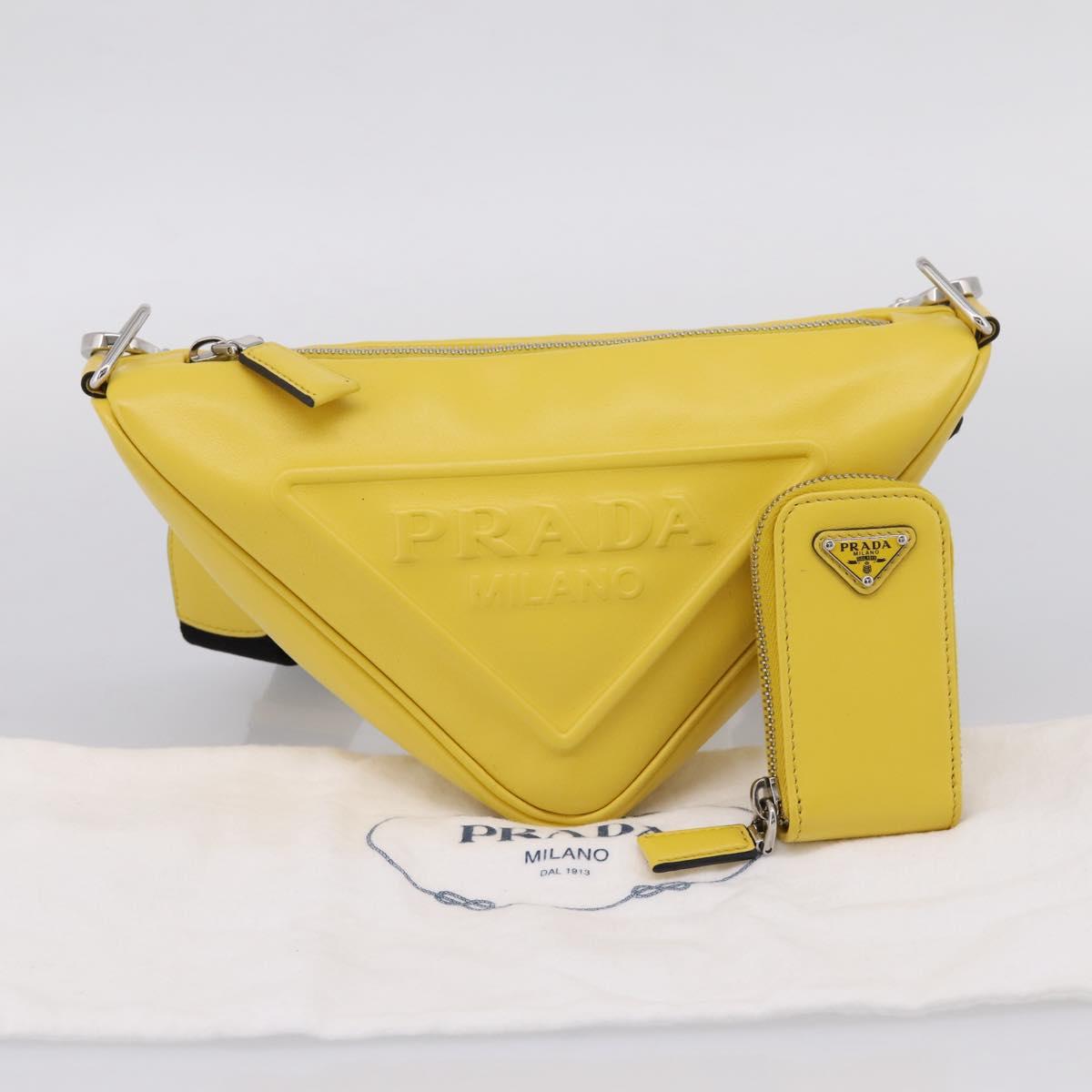 PRADA Triangle Shoulder Bag Leather Yellow Silver Auth ka6699M