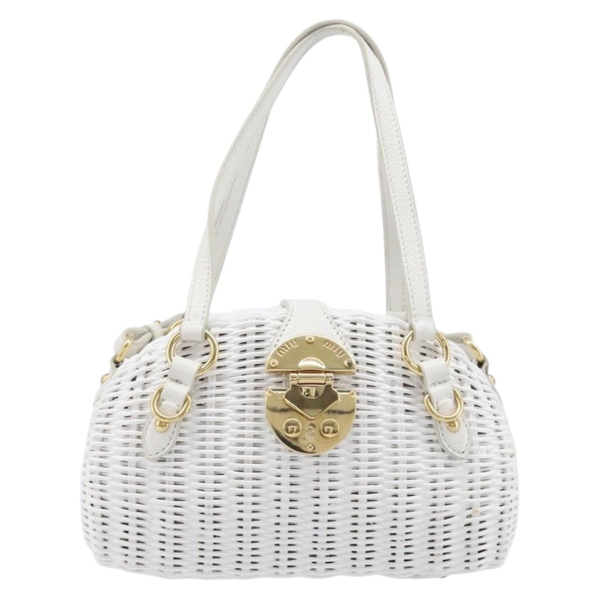 Miu Miu Wicker Hand Bag Raffia 2way White Gold Tone Auth ka6703M