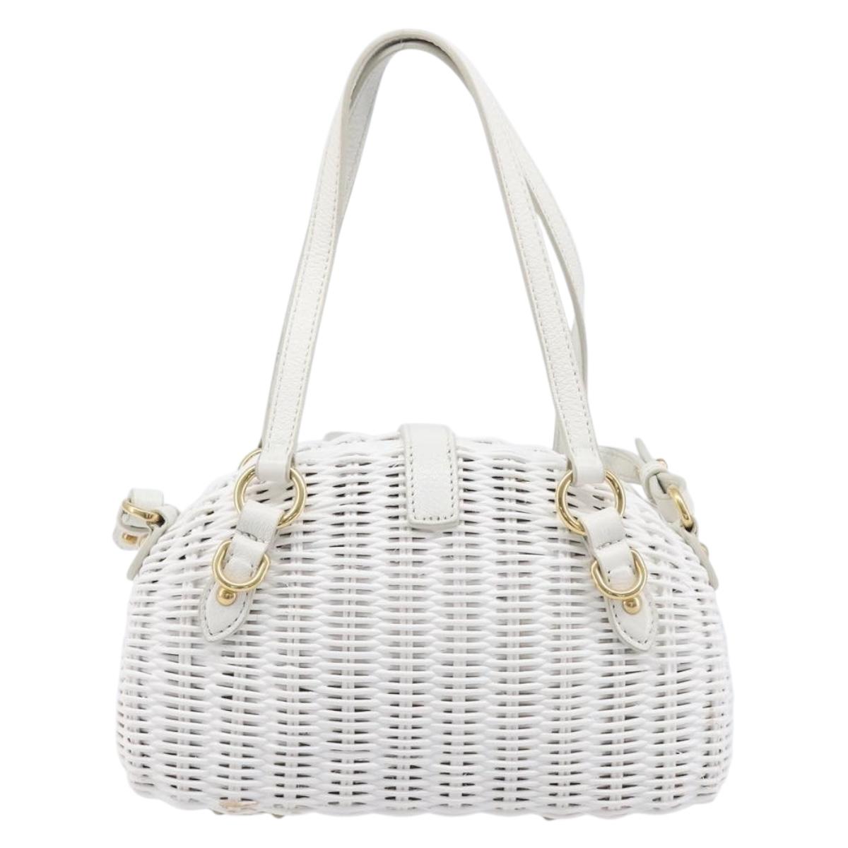 Miu Miu Wicker Hand Bag Raffia 2way White Gold Tone Auth ka6703M