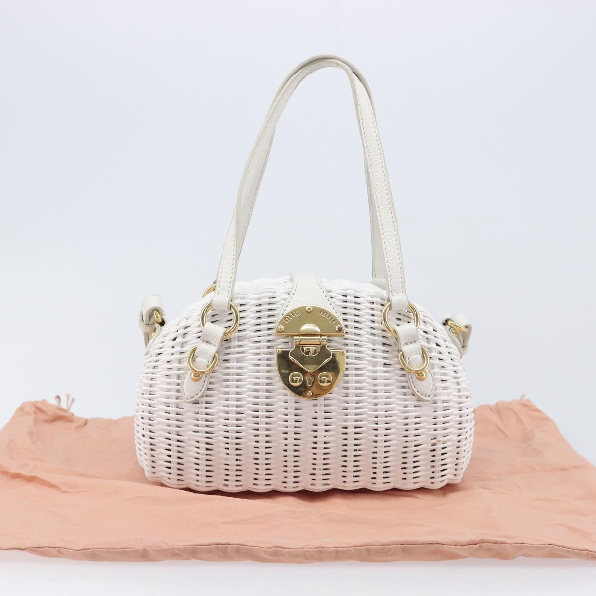 Miu Miu Wicker Hand Bag Raffia 2way White Gold Tone Auth ka6703M