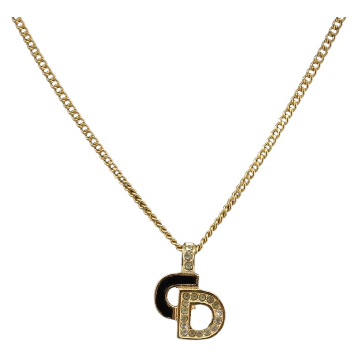 Christian Dior Rhinestone Necklace Metal Gold Tone Auth ka6710