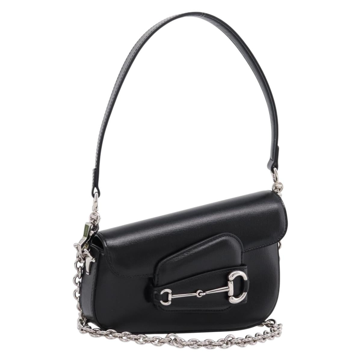 GUCCI Horsebit Chain Hand Bag Leather 2way Black Silver 774209 Auth ka6716M