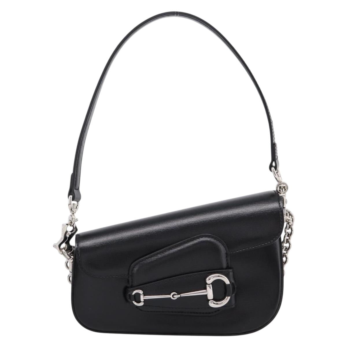 GUCCI Horsebit Chain Hand Bag Leather 2way Black Silver 774209 Auth ka6716M