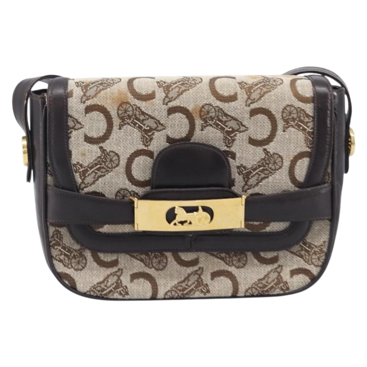 CELINE C Saluki Shoulder Bag Canvas Beige Gold Tone Auth ka6722