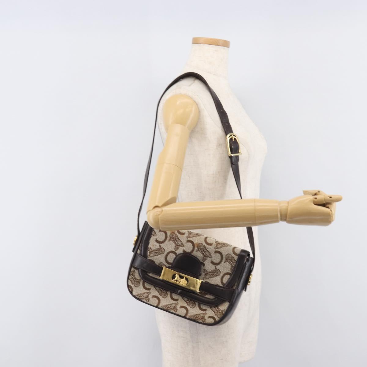 CELINE C Saluki Shoulder Bag Canvas Beige Gold Tone Auth ka6722