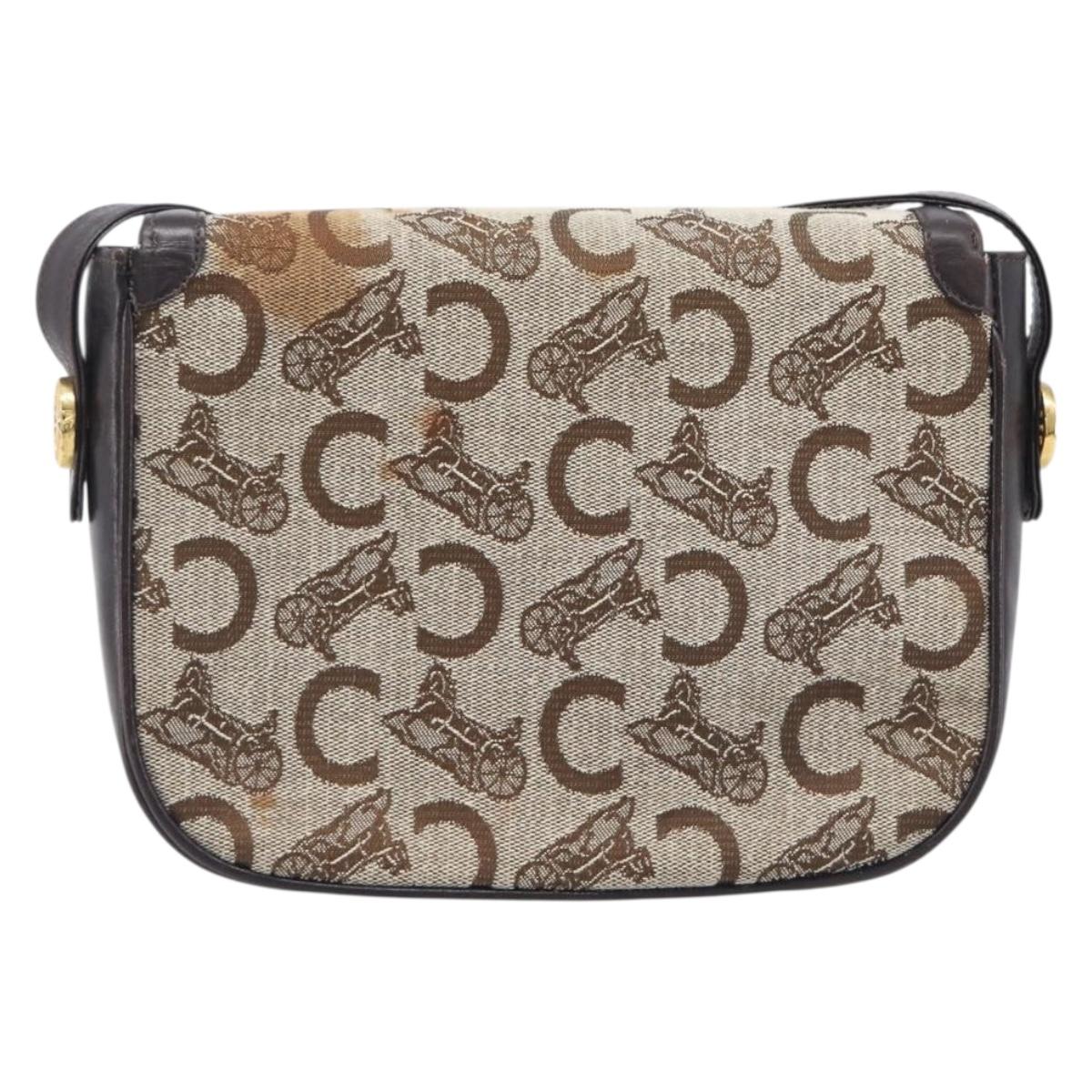CELINE C Saluki Shoulder Bag Canvas Beige Gold Tone Auth ka6722