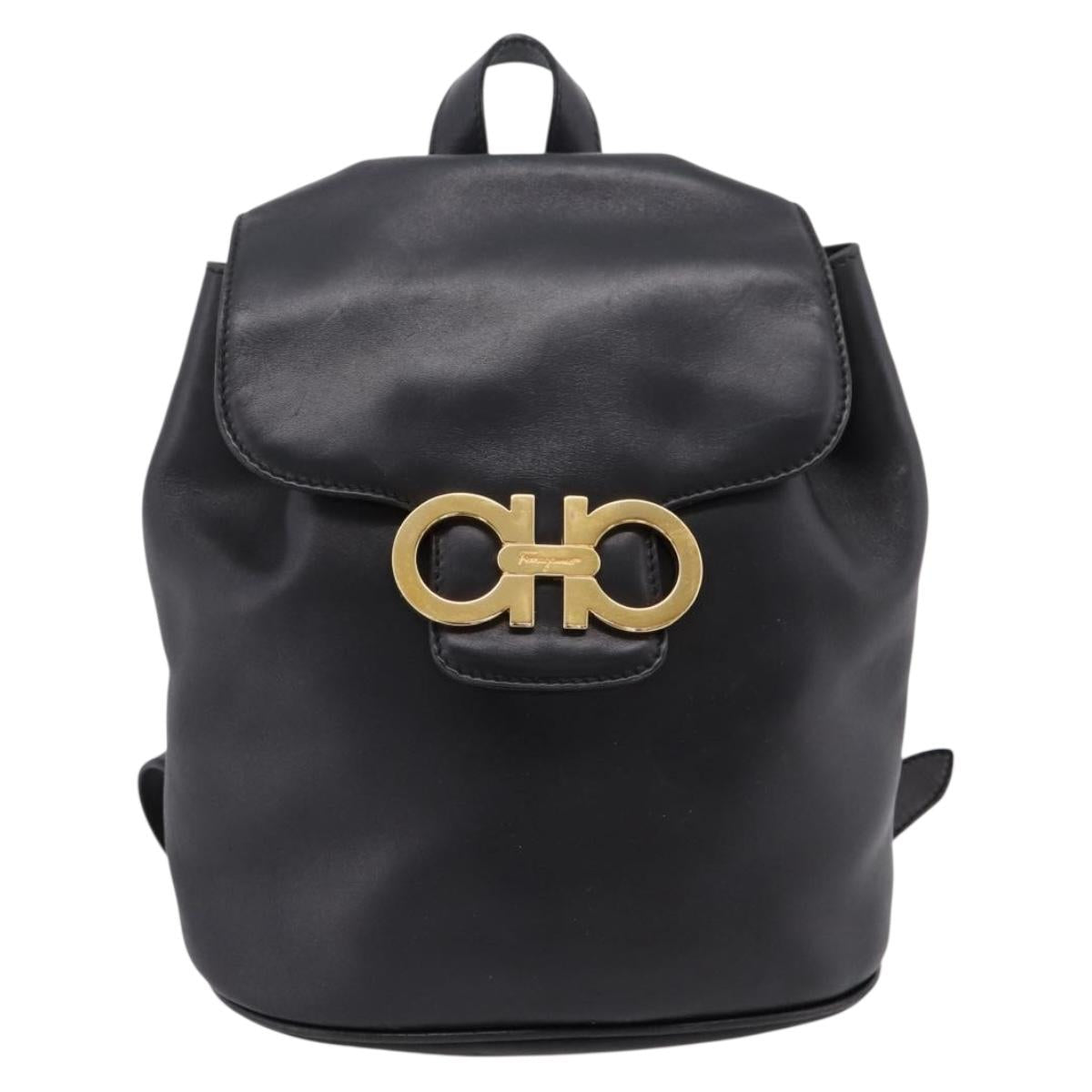Salvatore Ferragamo Gancini Backpack Leather Black Gold Tone Auth ka6723