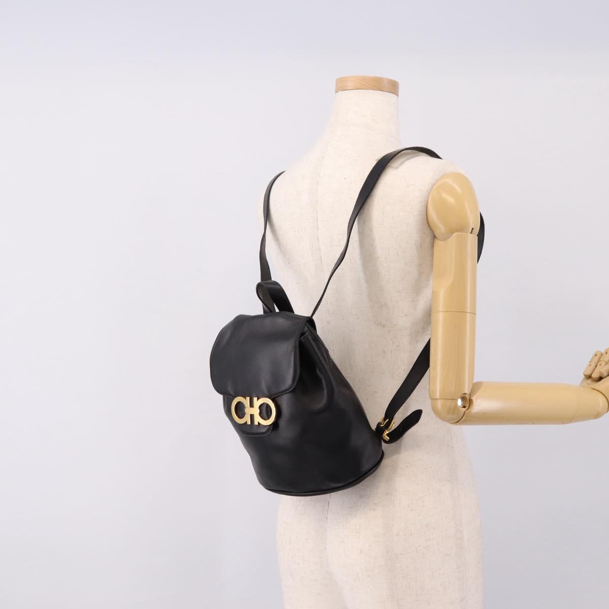 Salvatore Ferragamo Gancini Backpack Leather Black Gold Tone Auth ka6723