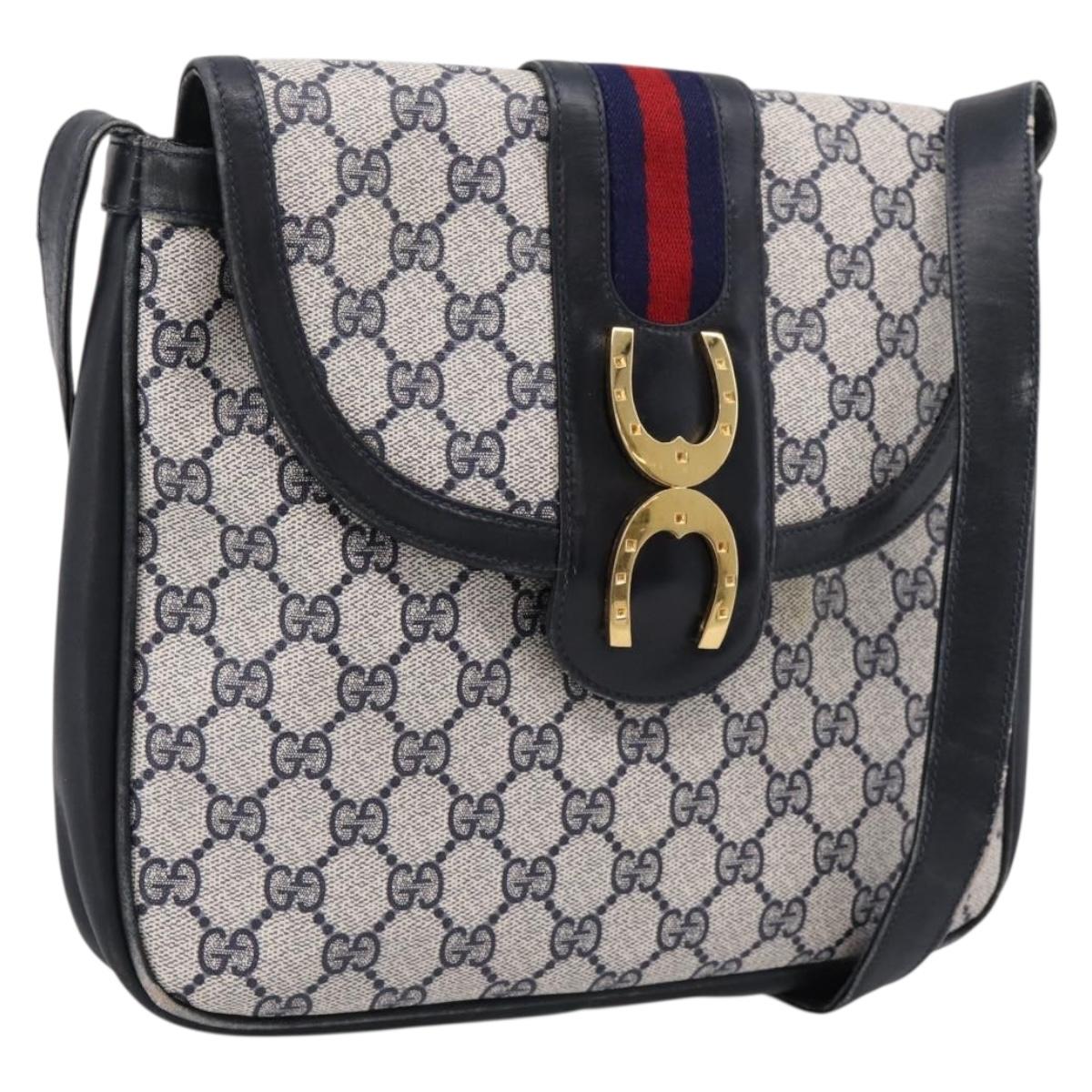 GUCCI GG Supreme Sherry Line Shoulder Bag PVC Navy Gold 30 001 1915 Auth ka6725