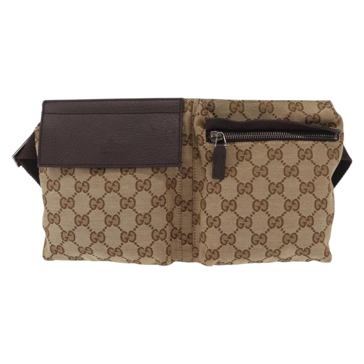 GUCCI GG Canvas Waist Bag Beige Silver 28566 Auth ka673
