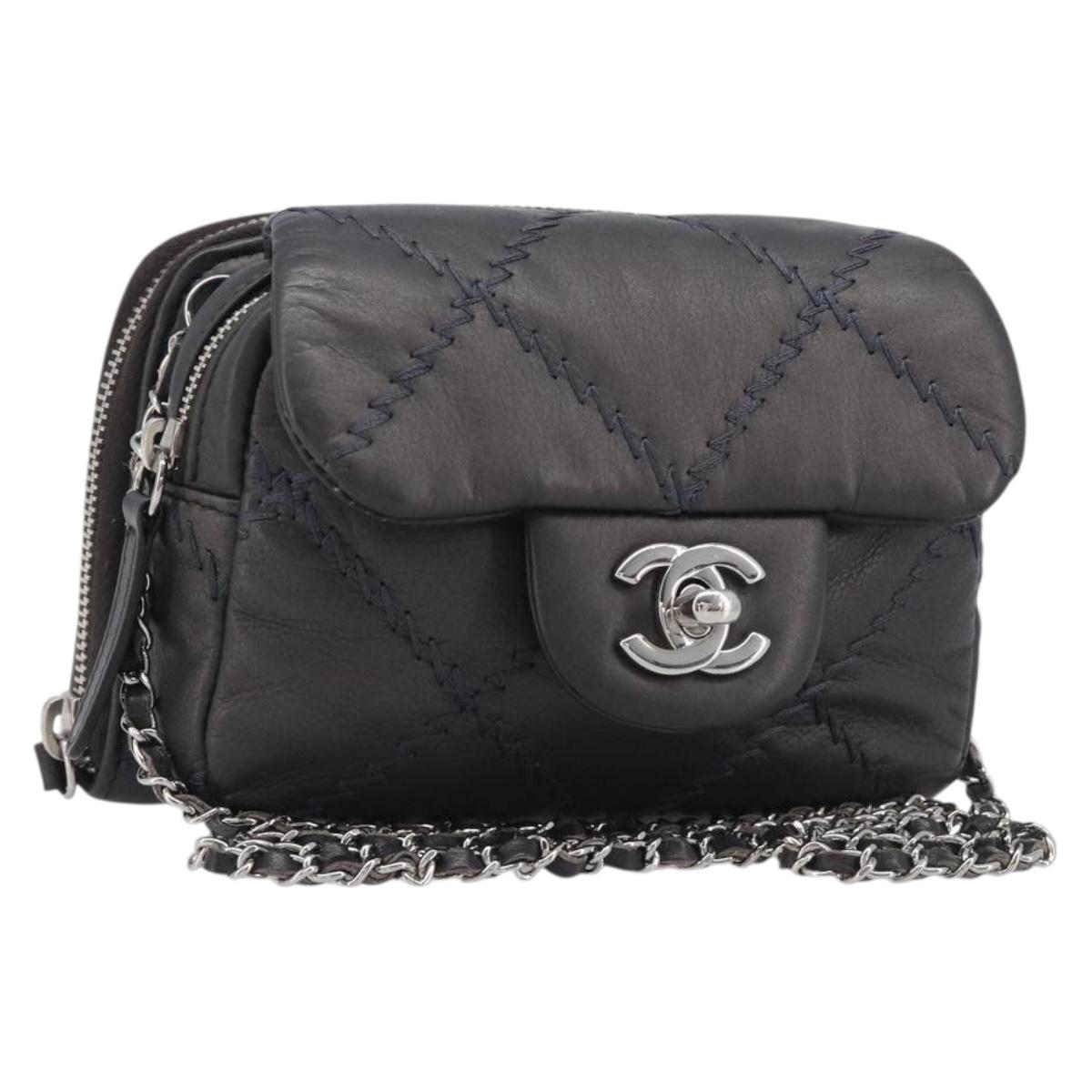 CHANEL Ultra Stitch Chain Shoulder Bag Lamb Skin Gray Silver CC Auth ka6731V