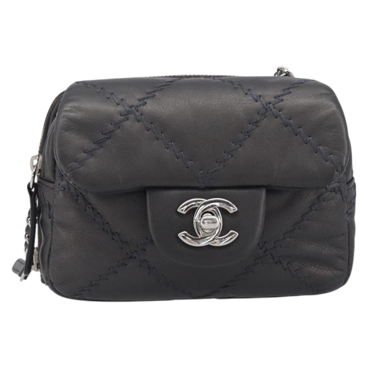 CHANEL Ultra Stitch Chain Shoulder Bag Lamb Skin Gray Silver CC Auth ka6731V