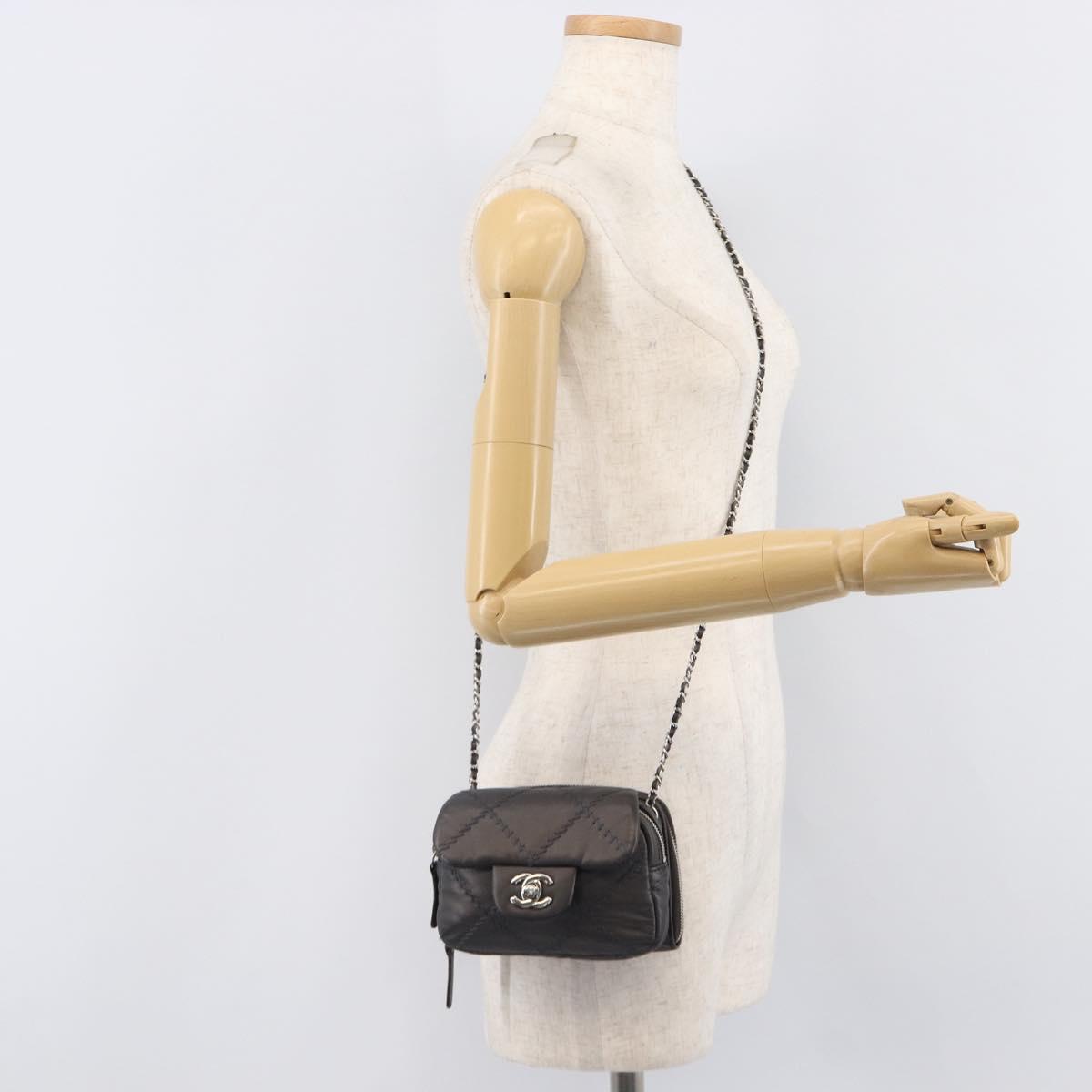 CHANEL Ultra Stitch Chain Shoulder Bag Lamb Skin Gray Silver CC Auth ka6731V