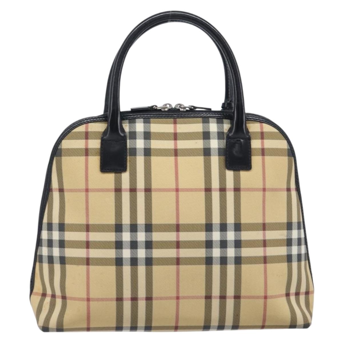 BURBERRY Nova Check Hand Bag PVC Leather Beige Silver Auth ka6732A