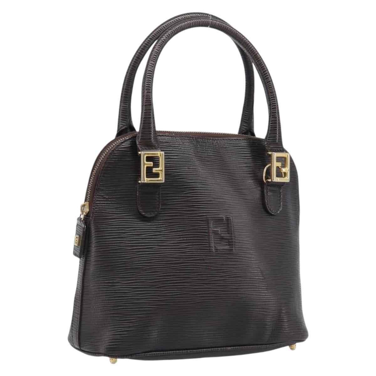FENDI Hand Bag Leather Dark Brown Gold Tone Auth ka6733