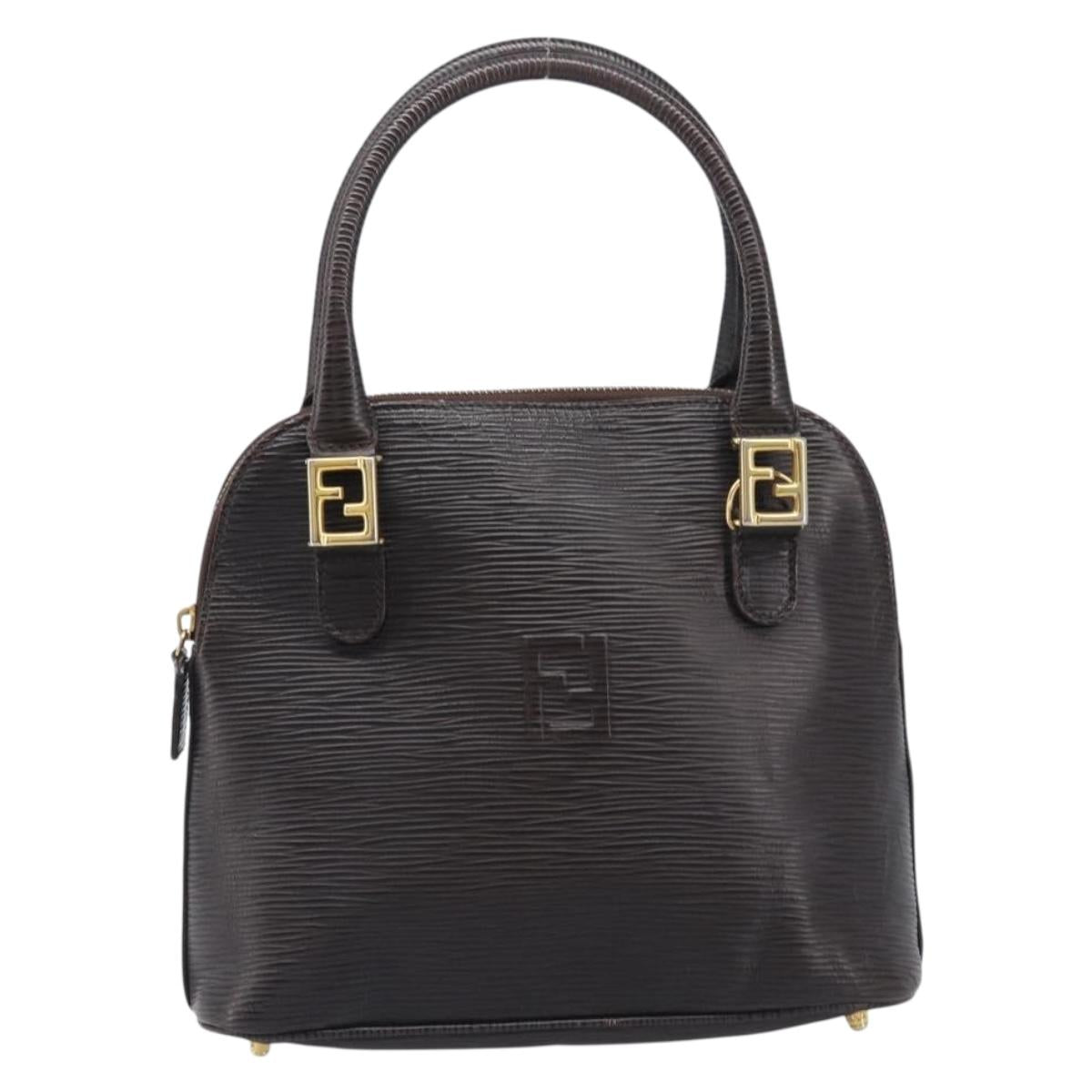 FENDI Hand Bag Leather Dark Brown Gold Tone Auth ka6733
