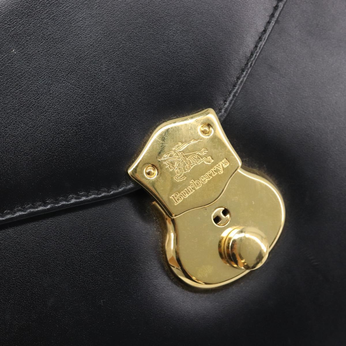Burberrys Hand Bag Leather Black Gold Tone Auth ka6735