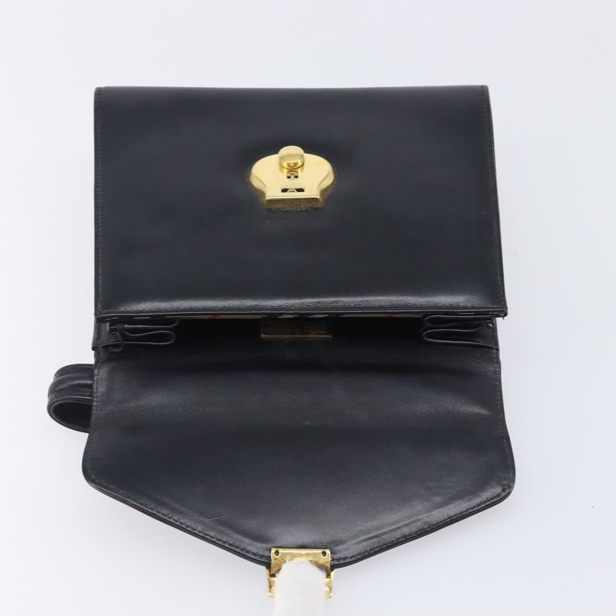 Burberrys Hand Bag Leather Black Gold Tone Auth ka6735