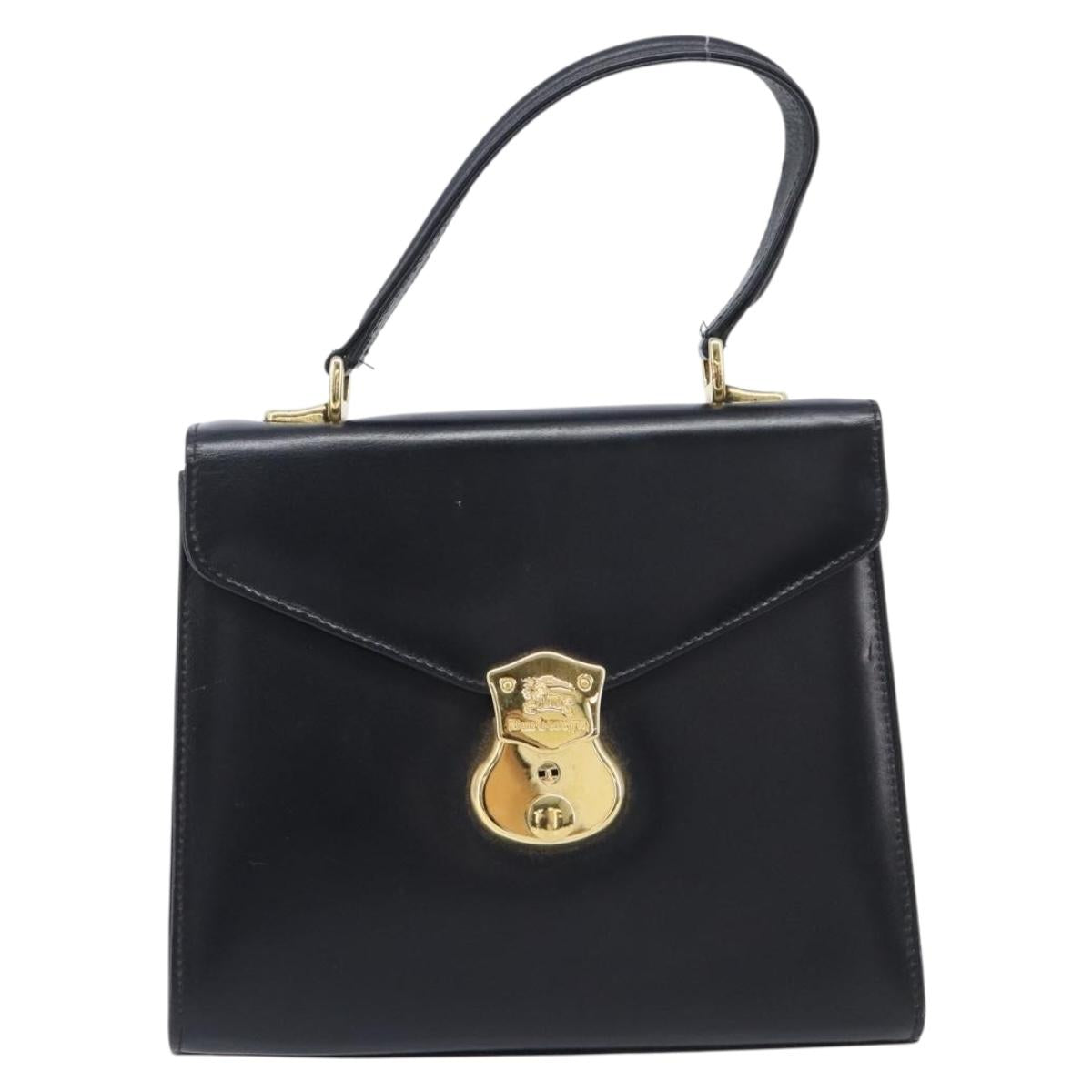 Burberrys Hand Bag Leather Black Gold Tone Auth ka6735