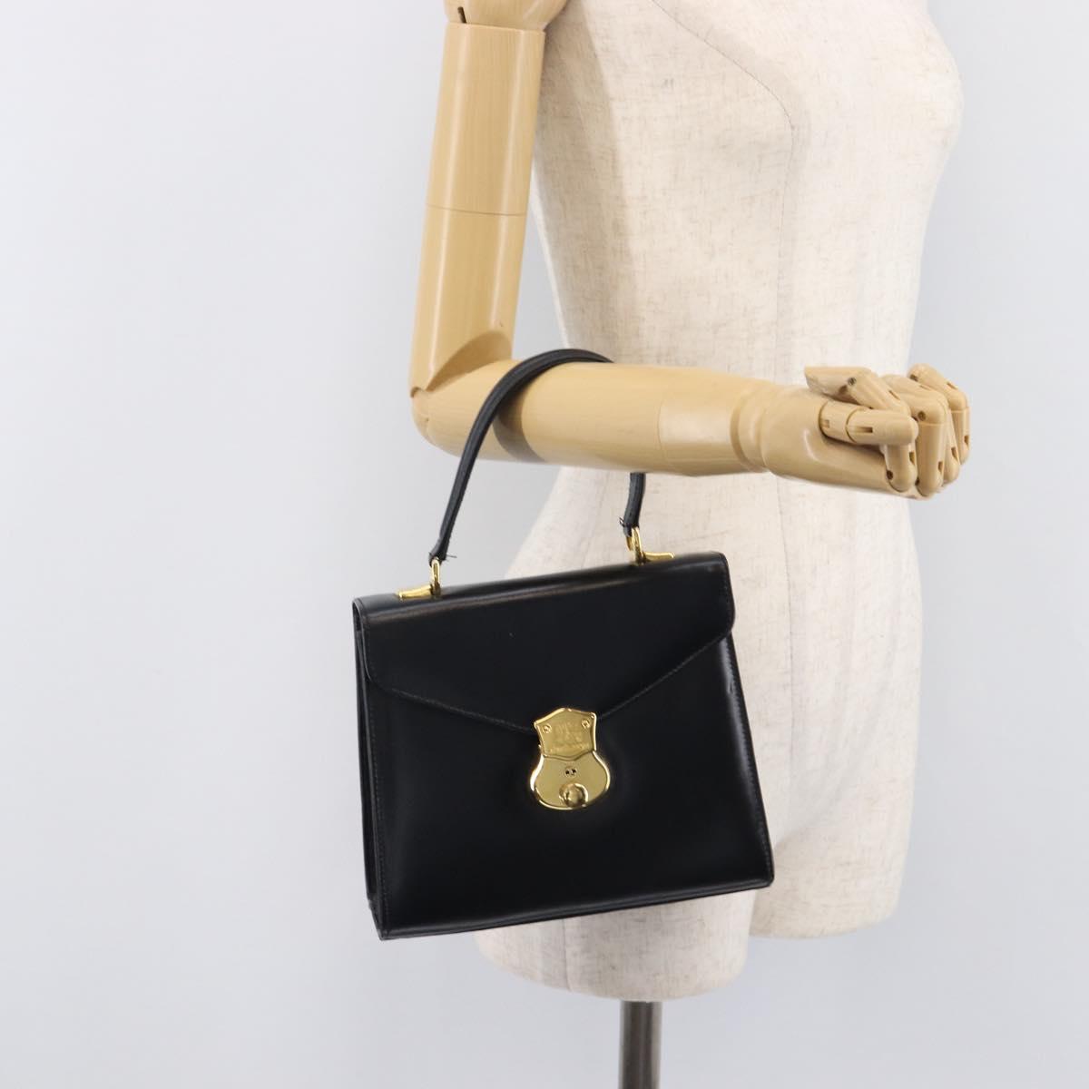 Burberrys Hand Bag Leather Black Gold Tone Auth ka6735