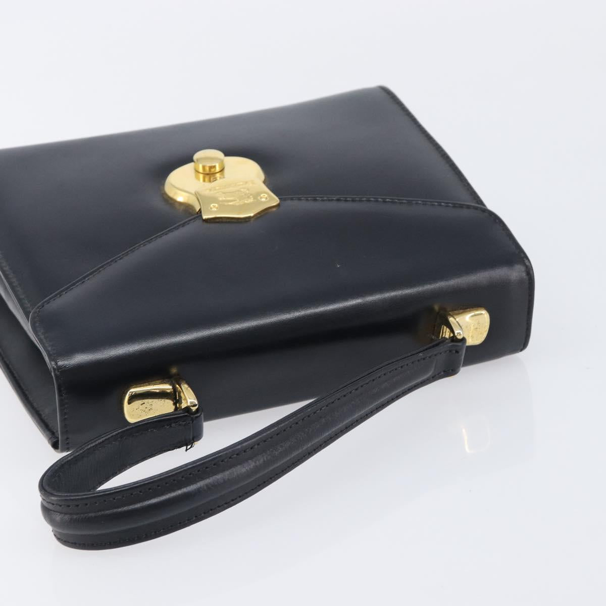 Burberrys Hand Bag Leather Black Gold Tone Auth ka6735