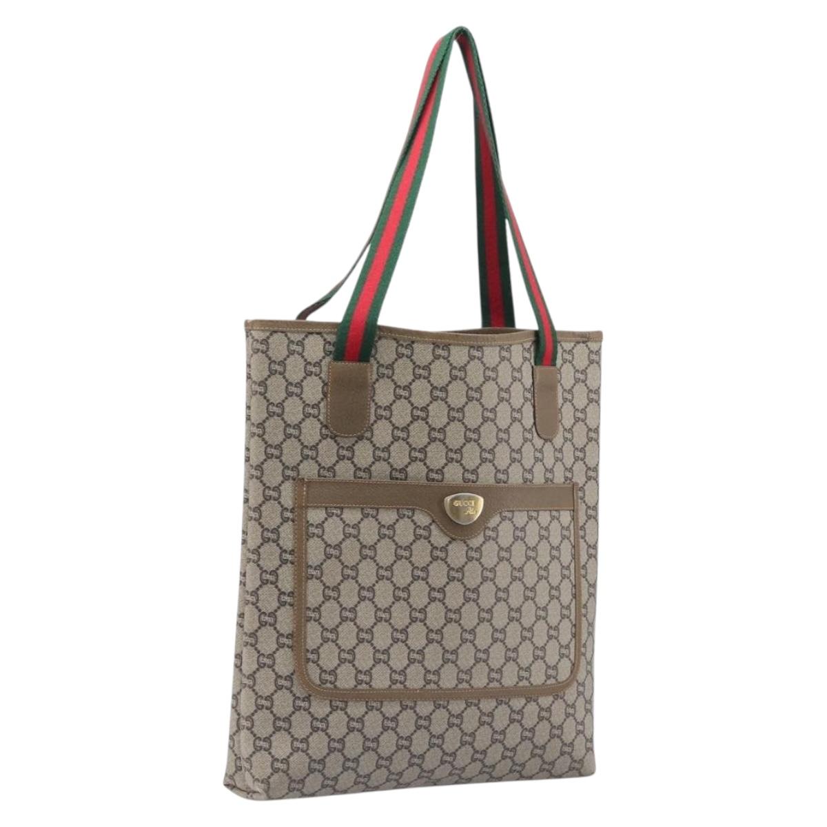 GUCCI GG Plus Tote Bag PVC Leather Beige Gold Tone Auth ka6742